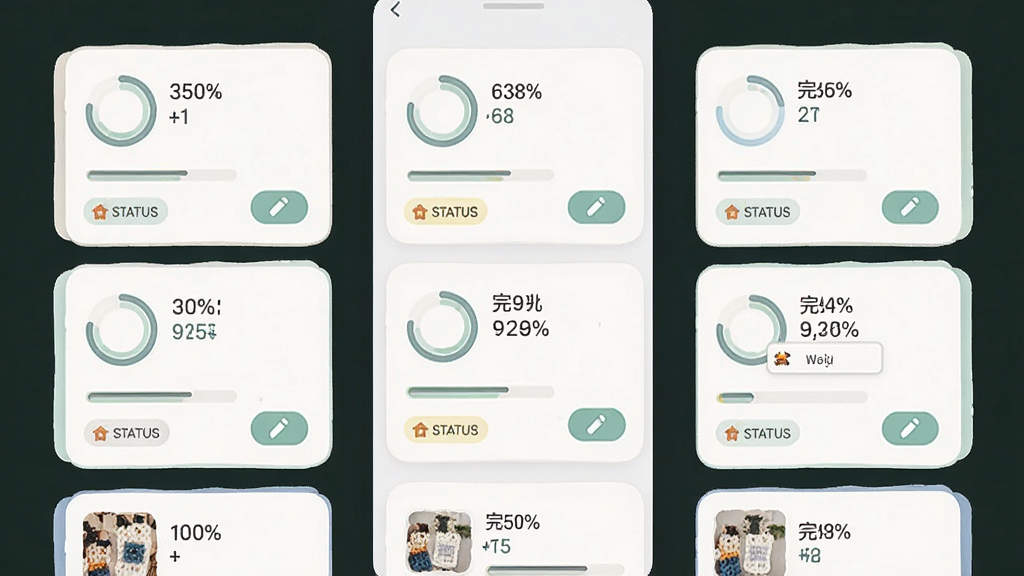 一张拼豆岛App作品进度管理界面的图片,画面中显示多个作品卡片,每个卡片上有进度条和完成百分比,界面配色柔和,布局为纵向列表,细节包括进度圆环、状态标签、编辑按钮,风格干净清爽,画质高清,无多余元素