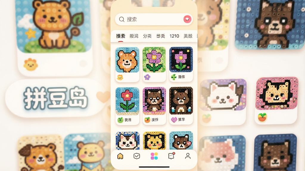 一幅明亮温暖的手机应用界面展示图,画面中央是“拼豆岛”App的主页,页面中排列着色彩丰富的拼豆图纸缩略图,有卡通动物、花卉、像素图案等,界面顶部有搜索栏和分类标签,底部有导航栏,整体布局清晰,风格清新可爱,细节包括圆角卡片、柔和阴影、彩色小图标,画质高清,干净,无多余元素