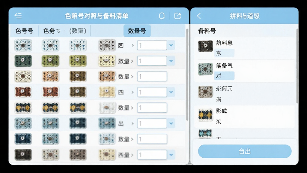 一张拼豆岛App色号对照与备料清单界面的图片,画面中左侧是色号表格,右侧是备料清单列表,界面配色以浅蓝和白色为主,布局为左右分栏,细节包括色块预览、数量输入框、导出按钮,风格简洁实用,画质高清,无多余元素