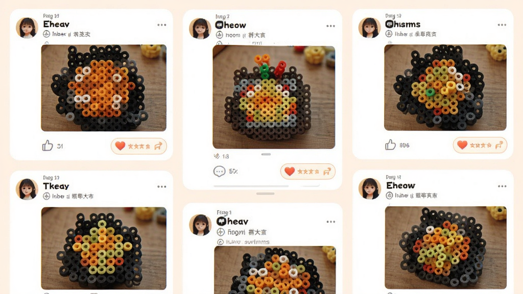 一张拼豆岛App社区页面的图片,画面中展示用户发布的拼豆作品照片和文字动态,有点赞和评论按钮,界面风格温暖活泼,布局为瀑布流卡片,细节包括用户头像、作品大图、互动图标,画质清晰,干净,无多余元素