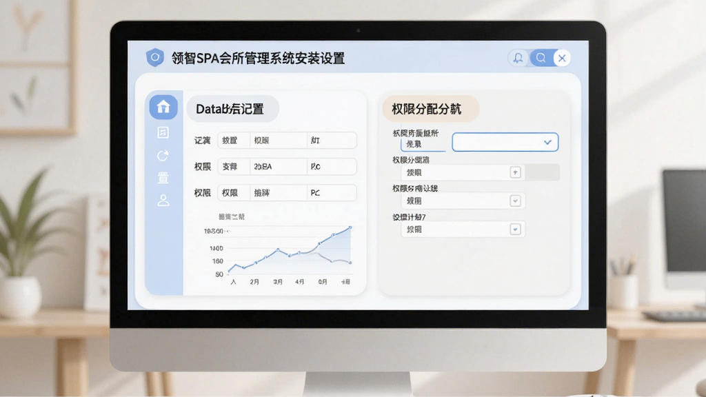 一张展示领智spa会所管理系统安装设置界面的图片,画面中电脑屏幕上显示数据库配置与权限分配选项,界面布局清晰,风格柔和圆角,细节丰富,画质干净,无多余元素