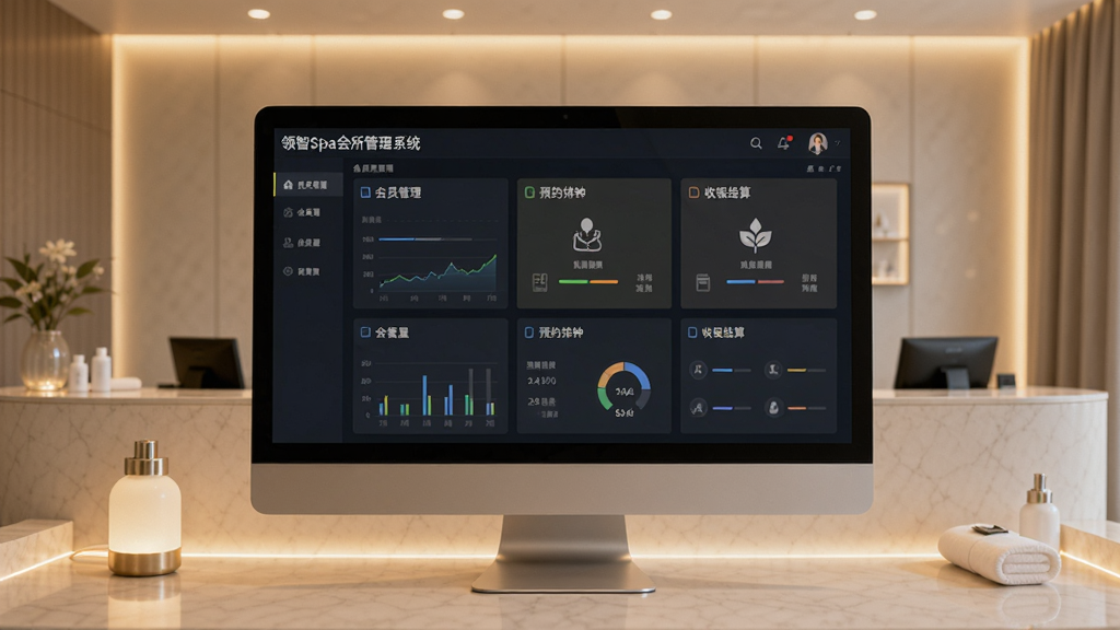 一张展示领智spa会所管理系统主界面的图片,画面中央是电脑屏幕,屏幕上显示会员管理、预约排钟、收银结算等功能模块的仪表盘布局,屏幕周围有柔和的暖色灯光,背景是整洁的spa会所前台环境,风格现代简约,细节清晰,画质干净,无多余元素