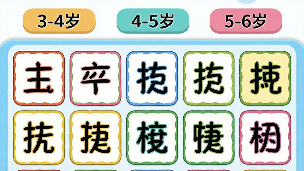 主体是双捷儿童识字软件的课程界面截图风格画面,布局为上下结构,上方是年龄选择标签,下方是汉字卡片网格,排版整齐清晰,风格卡通教育风,细节包括“3-4岁”“4-5岁”“5-6岁”标签和彩色汉字卡片,画质高清,干净无多余元素
