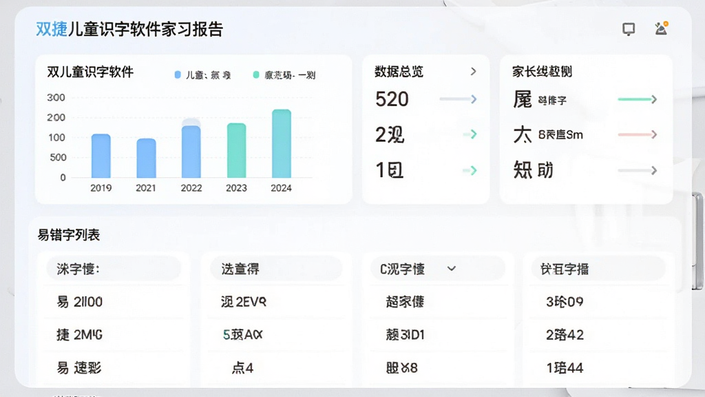 主体是双捷儿童识字软件家长端学习报告页面,布局为上下结构,上方是数据总览卡片,下方是易错字列表,排版清晰,风格简约清爽,细节包括柱状图和汉字列表,画质高清,无多余元素
