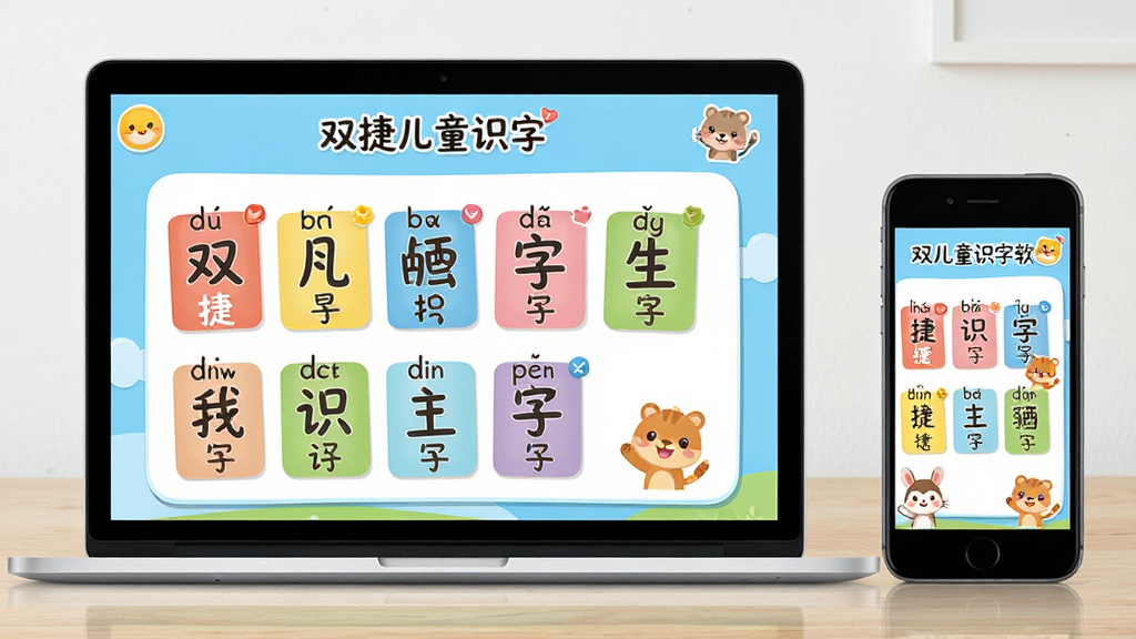 主体是一台打开的笔记本电脑和一部手机并排放在浅色木质桌面上,屏幕中显示双捷儿童识字软件的卡通识字界面,布局为左电脑右手机,排版居中对称,风格清新明亮儿童教育风,细节包括彩色汉字卡片、拼音标注、卡通小动物图标,画面干净整洁,画质高清,无多余元素