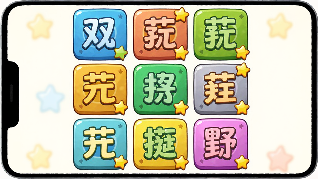 主体是双捷儿童识字软件游戏练习界面,布局为九宫格汉字选择布局,排版居中,风格卡通游戏风,细节包括彩色汉字方块和星星奖励图标,画质高清,干净无多余元素