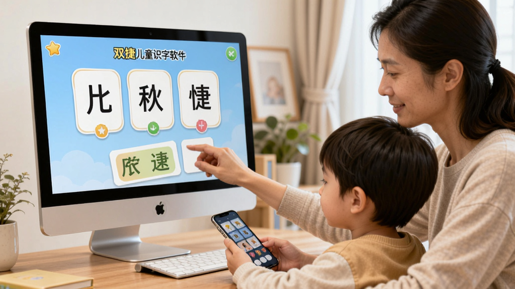 主体是家长陪同孩子使用双捷儿童识字软件的场景,布局为居中的电脑屏幕和旁边坐着的孩子与家长,排版自然,风格温馨家庭风,细节包括屏幕上的汉字卡片和家长手中的手机,画质高清,干净无多余元素