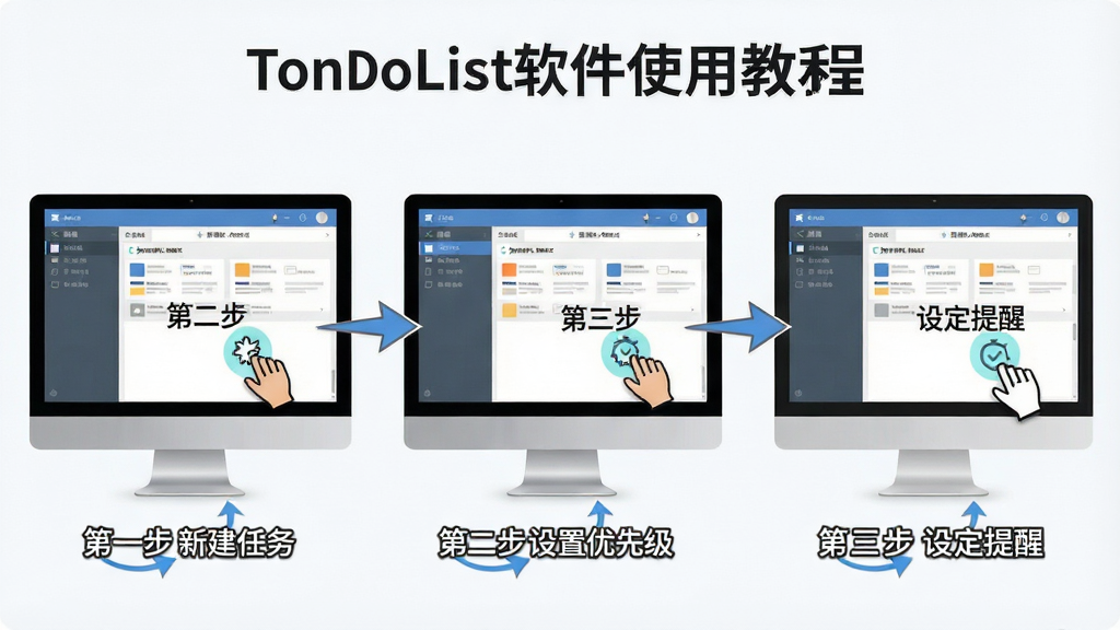 ToDoList软件使用教程示意图,主体为电脑屏幕展示软件操作步骤,画面分为三格步骤图,布局为横向排列的三步操作流程,排版清晰,风格为教程图解风格,细节包括鼠标点击位置高亮、箭头指引、文字标注