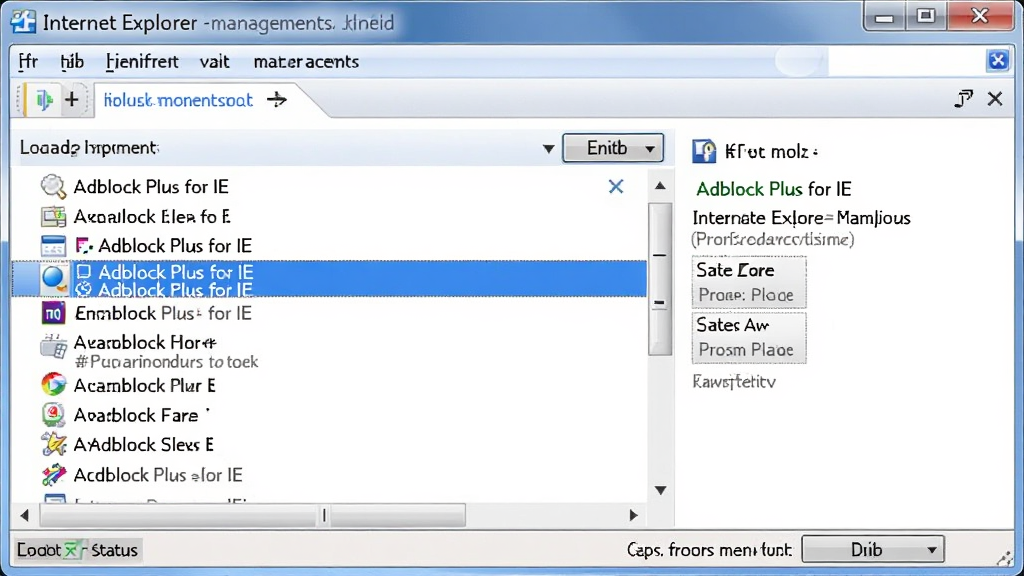 һ�ŵ�����Ļ��ͼ�������� Internet Explorer �Ĺ���������ڣ��б��� Adblock Plus for IE ����������״̬��������ʾ������Ϊ���ھ��У��Ű����Ϊ�������б��Ҳ�Ϊ��ϸ��Ϣ�����Ϊдʵ�����������棬ϸ�ڰ������ð�ť��״̬��������������֣������������ɾ����޶���Ԫ��