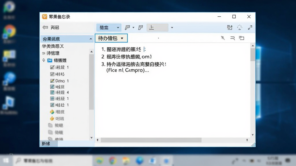 一张简洁的Windows电脑桌面截图,画面中央是幂果备忘录记事本的软件主界面窗口,窗口左侧是分类目录树,右侧是文本编辑区,编辑区内显示了几行中文待办事项文字,界面配色以白色和浅蓝色为主,整体风格清爽干净,背景是模糊的Windows桌面壁纸,画质清晰,无多余元素