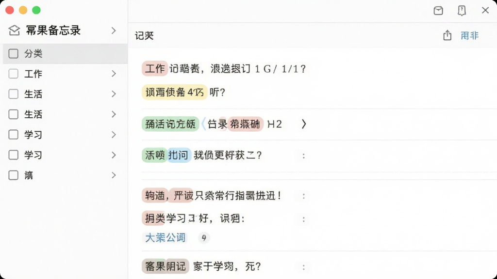 幂果备忘录记事本软件界面截图,展示左侧分类列表和右侧记事列表,分类包括工作、生活、学习,右侧有多条带有标签的记事条目,界面简洁,白色背景,浅灰色分割线,整体风格干净利落,画质清晰