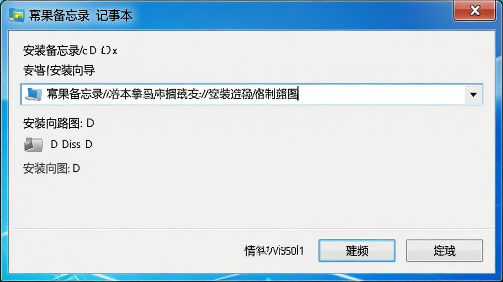 幂果备忘录记事本安装向导界面截图,显示安装路径选择对话框,路径栏中填写了D盘的自定义文件夹地址,界面下方有浏览和安装按钮,整体风格为Windows标准安装向导,画质清晰,无多余元素