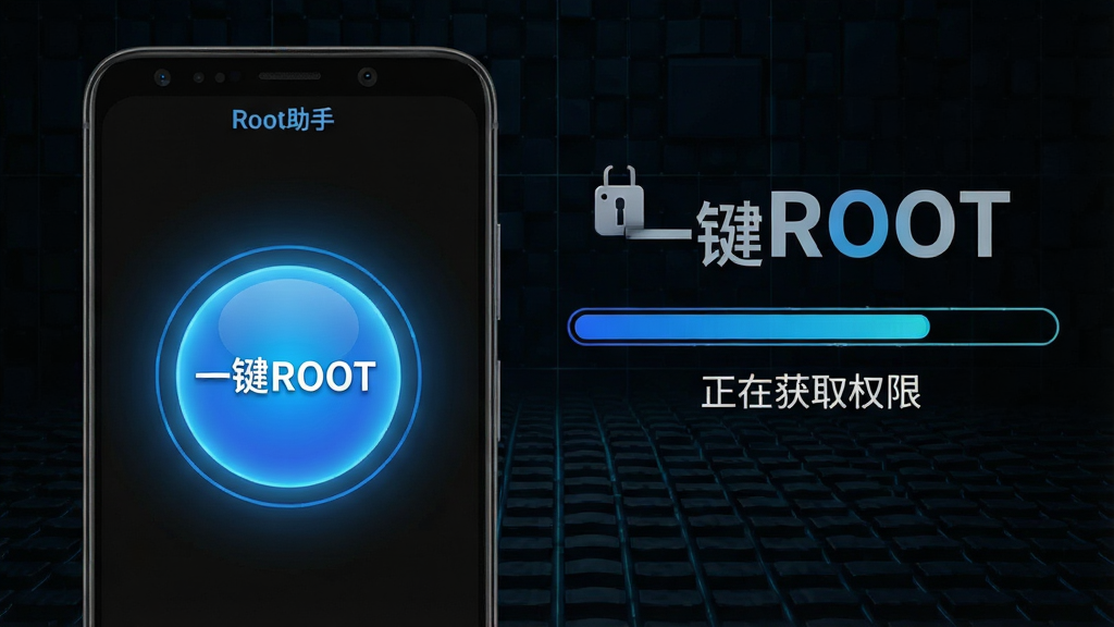 一张展示Root助手“一键ROOT”功能的生图,画面左侧是一部安卓手机,屏幕中央有一个醒目的圆形“一键ROOT”按钮发出蓝色光芒,右侧是进度条和“正在获取权限”的中文提示,背景为深色科技网格纹理,风格干净专业,画质高清,无多余装饰