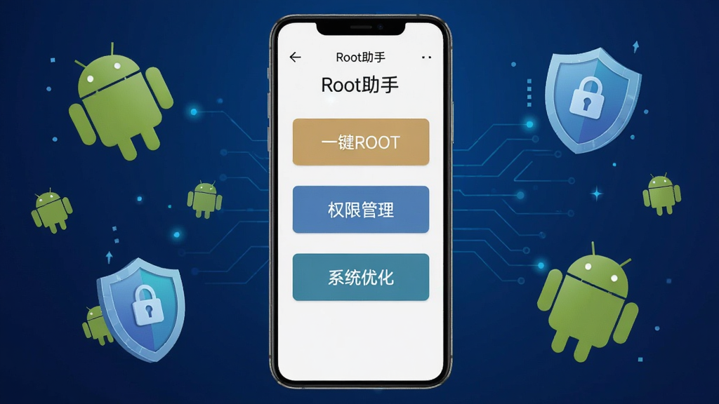 一张展示Root助手软件界面的横版图片,画面中央是手机屏幕,屏幕内显示Root助手主界面,有“一键ROOT”“权限管理”“系统优化”等中文按钮,背景是深蓝色科技感渐变,周围漂浮着安卓机器人图标和盾牌安全标识,风格简洁现代,画质清晰,干净无多余元素