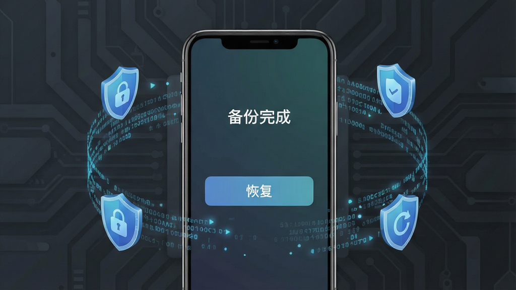 一张展示Root助手备份恢复功能的图片,画面中央是一部手机,屏幕显示“备份完成”与“恢复”两个中文按钮,周围环绕着数据流和盾牌图标,背景为深灰色科技风格,画质高清,干净整洁