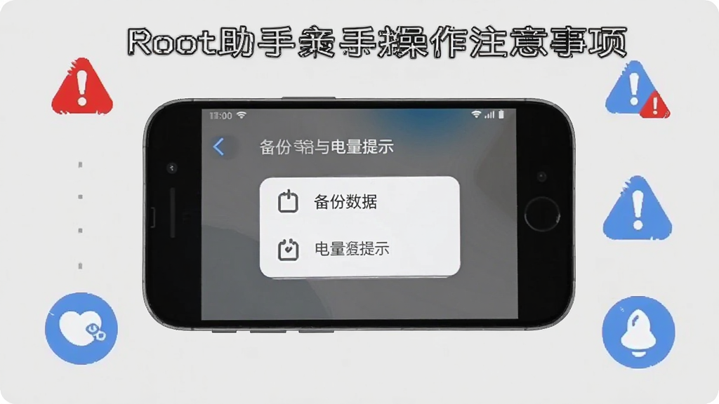 一张展示Root助手新手操作注意事项的图片,画面以手机屏幕为中心,屏幕内显示备份数据与电量提示的中文界面,周围有红色警告图标和蓝色提示图标,背景为浅灰色,风格简洁明了,画质清晰,无多余元素