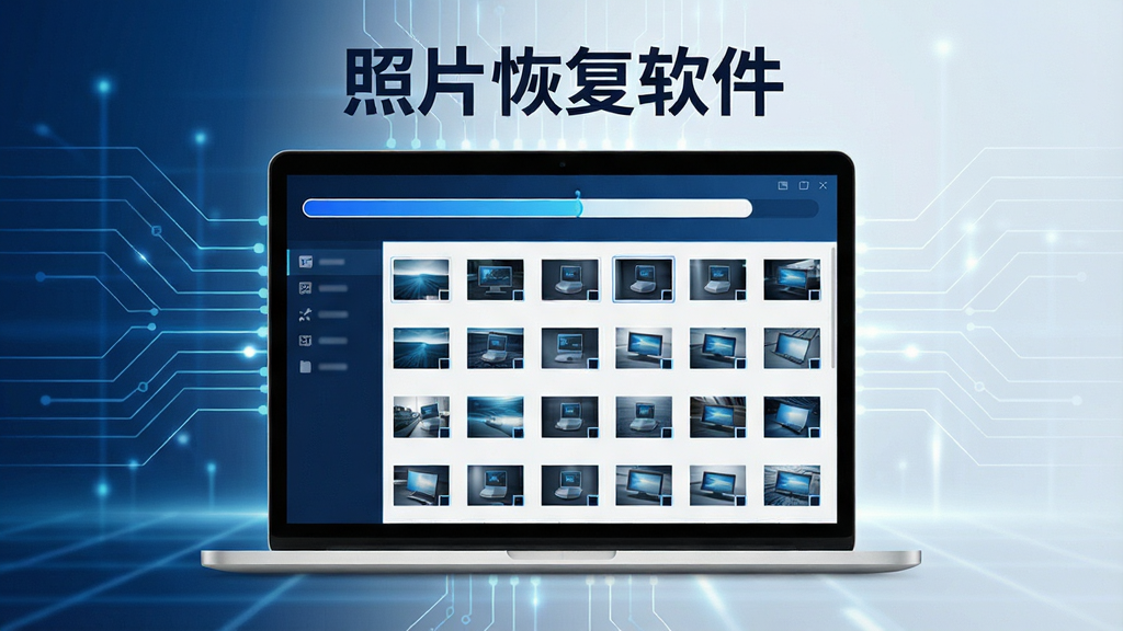 一张展示照片恢复软件深度扫描过程的示意图,画面中一台笔记本电脑屏幕上显示扫描进度条和大量缩略图正在被逐一识别,背景是简洁的科技感线条,主色调为深蓝与亮白,排版居中,风格专业,画质清晰,图中文字标注“照片恢复软件”
