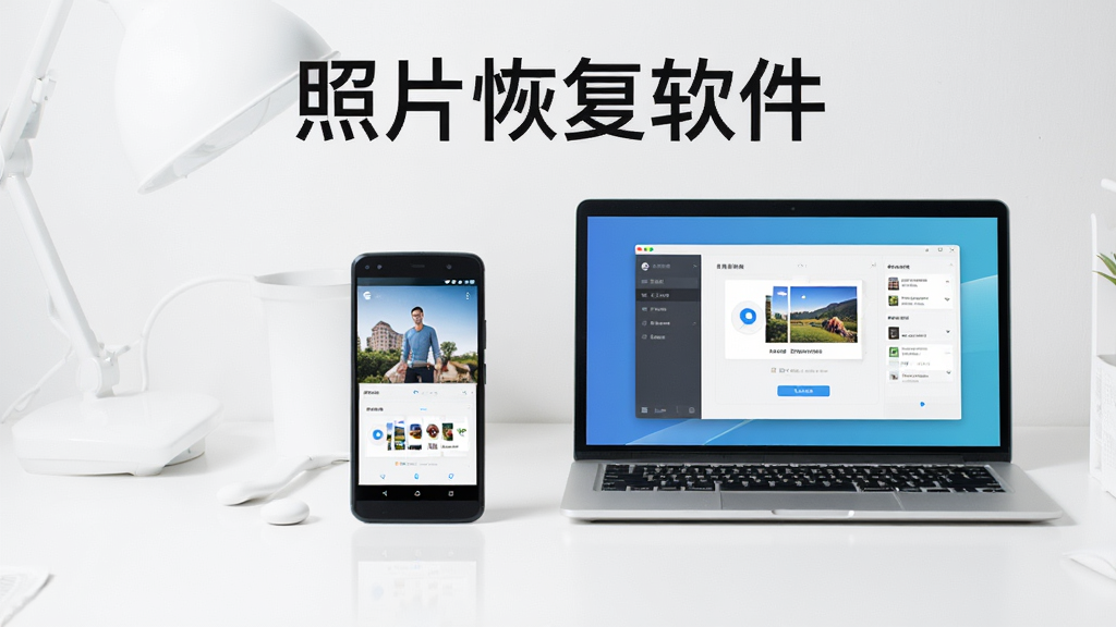 一部安卓手机和一台笔记本电脑并排展示,两个设备屏幕上都显示照片恢复软件的运行界面,背景为干净的白色桌面,风格现代简约,排版左右对称,画质清晰,图中文字标注“照片恢复软件”