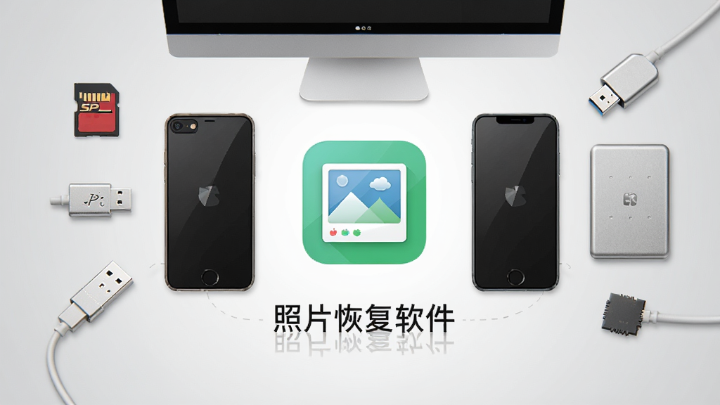 一张展示多种存储设备围绕手机和电脑的创意构图,画面中有SD卡、U盘、移动硬盘和手机,中央是照片恢复软件的图标,背景为浅灰色渐变,风格简洁商务,排版对称,画质高清,图中文字标注“照片恢复软件”