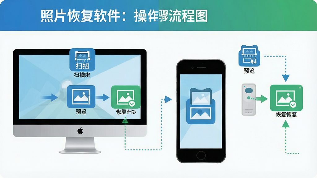 一张照片恢复软件操作步骤的流程图,画面分为电脑端和手机端两个区域,每个区域用简洁的图标和箭头展示扫描、预览、恢复三个步骤,风格扁平化,排版清晰,主色调为蓝色和绿色,画质高清,图中文字标注“照片恢复软件”