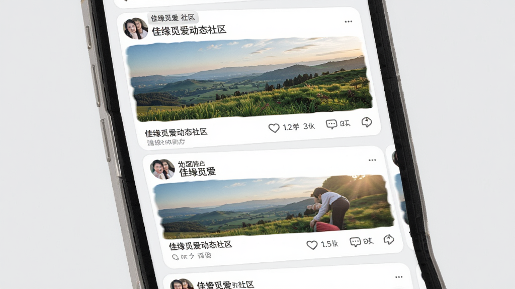 佳缘觅爱动态社区页面,画面为手机屏幕展示用户发布的图文动态流,包含风景照片与简短文字描述,下方有点赞评论图标,背景为浅灰色,布局为瀑布流式排列,风格清新素雅,细节处显示