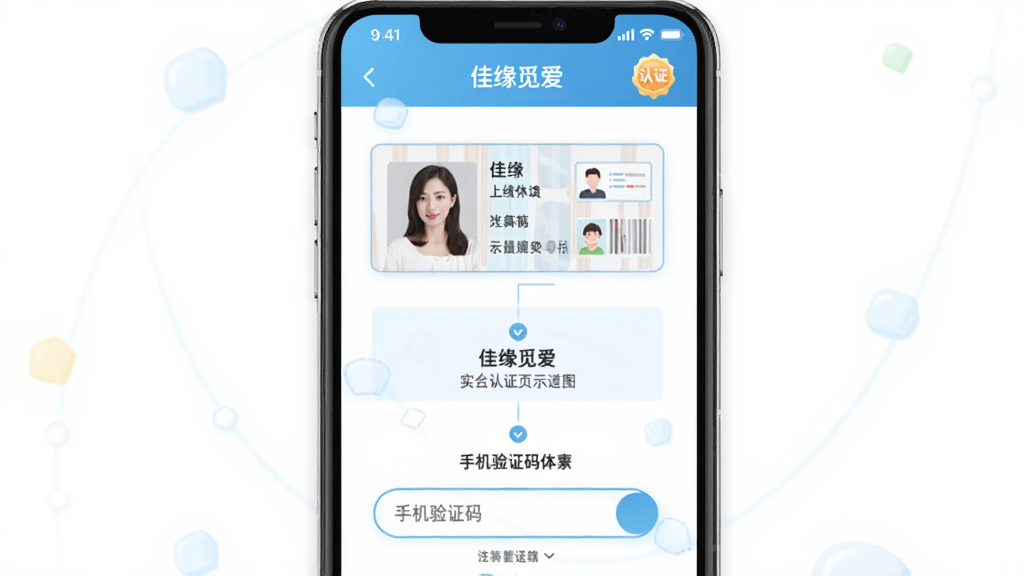 佳缘觅爱实名认证页面示意图,主体为手机屏幕内展示认证流程步骤,包含身份证上传区域与手机验证码输入框,布局为纵向排列的三个认证步骤,风格简约清新,细节处显示