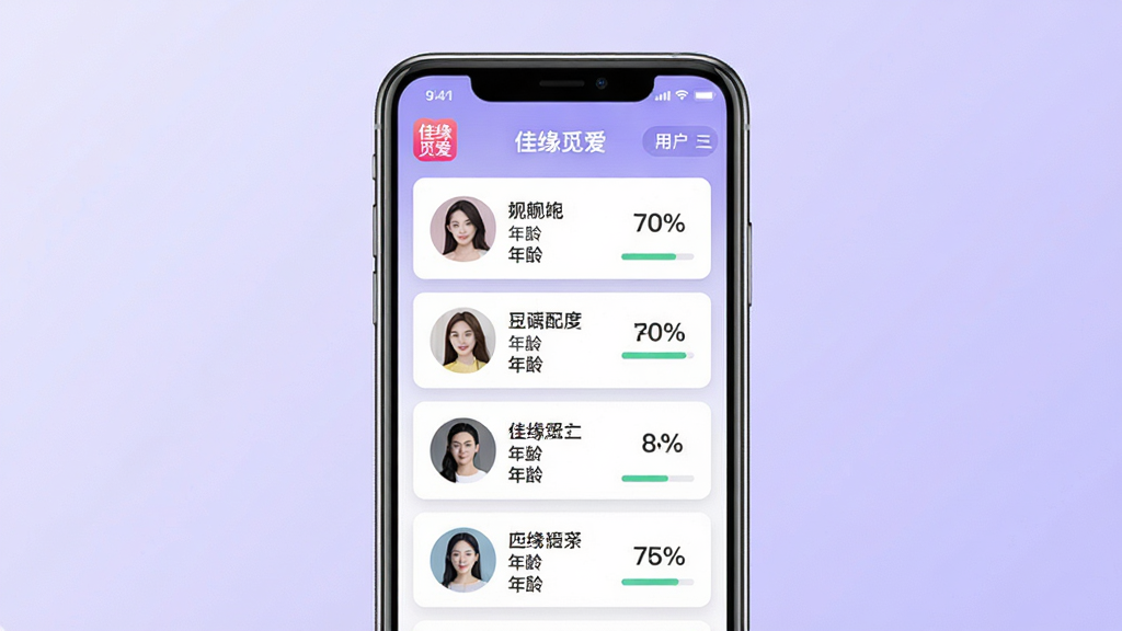 佳缘觅爱智能推荐页面,画面中心为手机屏幕展示用户推荐卡片列表,每张卡片包含头像、昵称、年龄与匹配度百分比,背景为淡紫色渐变,布局为纵向滑动卡片流,风格现代简约,细节处可见