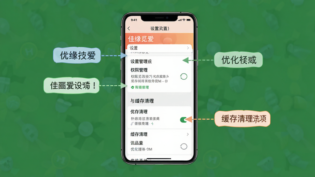 佳缘觅爱移动端使用技巧示意图,主体为手机屏幕展示设置页面中的权限管理与缓存清理选项,布局为纵向列表排列,风格简洁明快,细节处标注