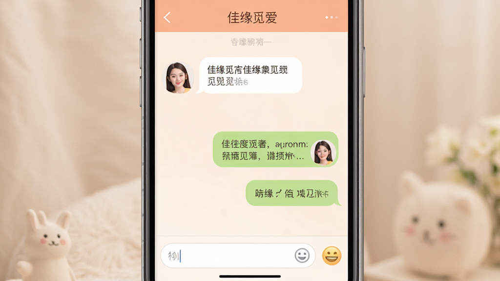 佳缘觅爱聊天界面展示,主体为手机屏幕内显示两人对话气泡,左侧为对方消息右侧为自己消息,底部有输入框与表情按钮,布局简洁对称,风格柔和温暖,细节处可见
