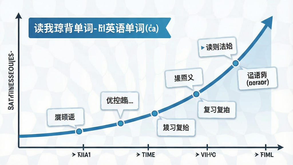 一张展示艾宾浩斯记忆曲线的英语学习示意图,主体为一条上升的曲线和多个单词卡片节点,布局为横向延展,排版清晰,风格为教育信息图,细节包括