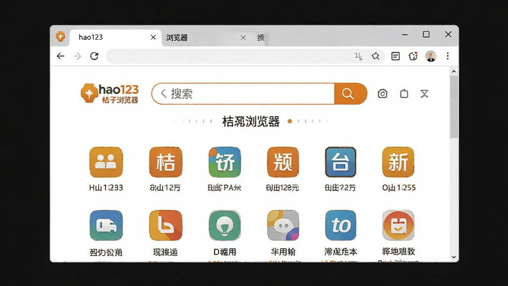 一张展示hao123桔子浏览器主界面的图片,画面中央是浏览器窗口,窗口内显示hao123网址导航页面,包含搜索框和常用网站图标,窗口边缘有标签页和工具栏,整体布局干净整洁,风格简约现代,细节清晰,画质高,干净,无多余元素