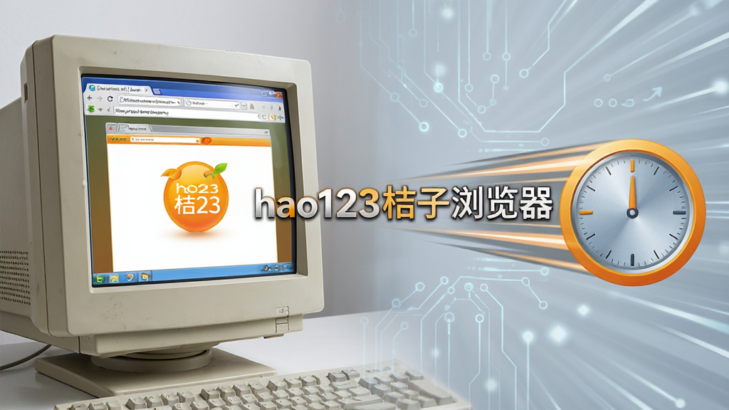 一张表现hao123桔子浏览器快速启动的图片,画面左侧是一台老式电脑,屏幕中浏览器瞬间打开,右侧是速度线条和时钟图标,中间有“hao123桔子浏览器”文字标识,布局左右对比,风格科技感,细节清晰,画质高,干净,无多余元素