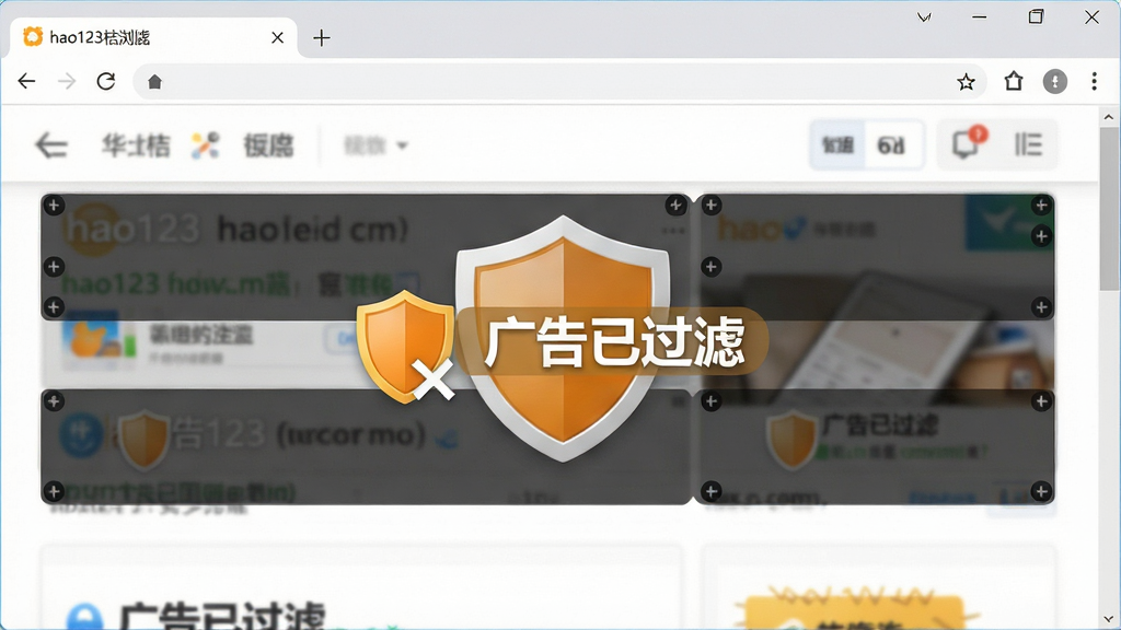 一张表现hao123桔子浏览器广告过滤功能的图片,画面中浏览器页面上的广告被屏蔽,出现盾牌图标和“广告已过滤”文字,背景是干净的网页,布局居中,风格简洁,细节清晰,画质高,干净,无多余元素