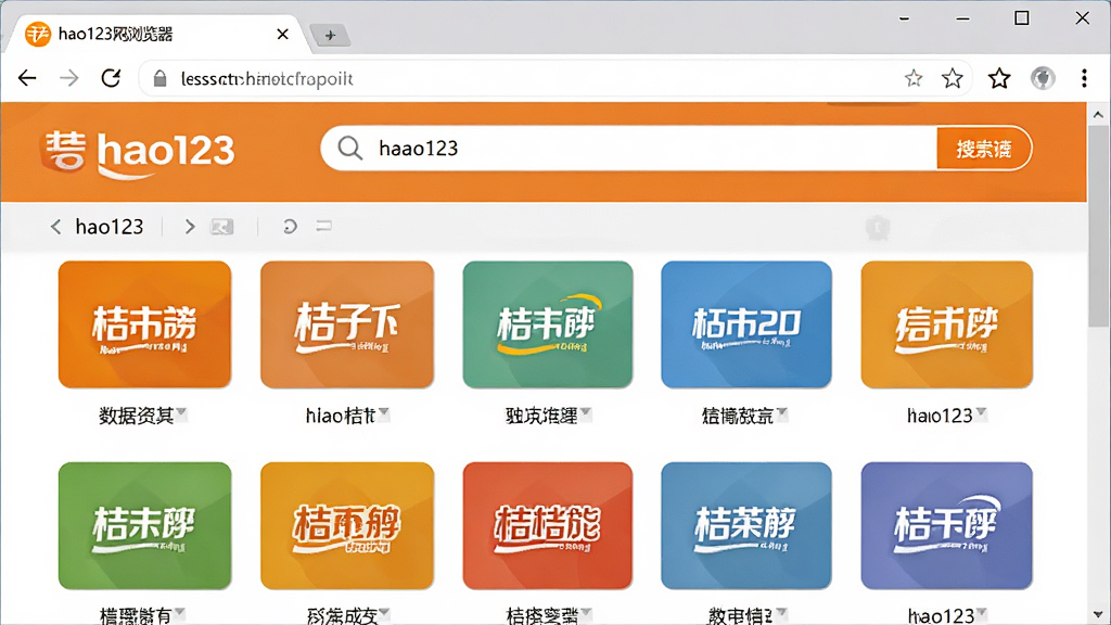 一张展示hao123桔子浏览器导航页面的图片,画面中浏览器窗口显示hao123网址导航,包含多个网站分类图标和搜索框,界面整洁,风格清新,细节清晰,画质高,干净,无多余元素