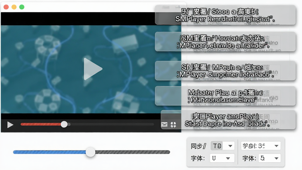SMPlayer软件功能概念图,画面左侧是一个视频播放窗口,右侧浮动着多行半透明的字幕条,字幕条上有中英文对照文字,下方有字幕同步调节的滑块和字体设置面板,整体布局左右分栏,风格为扁平化UI设计图,细节包括字幕描边、阴影、滑块轨道纹理,画质清晰,干净无多余元素