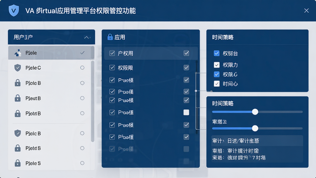 一幅展示VA虚拟应用管理平台权限管控功能的界面示意图,画面主体是权限配置面板,包含用户列表、应用列表、权限勾选框、时间策略滑块等元素,布局采用左右分栏结构,风格为现代商务扁平化设计,细节有盾牌图标、锁形标识、审计日志条目,色彩以深蓝与浅灰搭配,画面干净无杂乱,高清画质,适合作为功能展示配图
