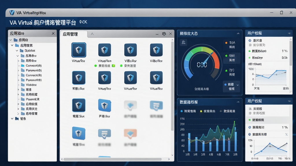 一张展示VA虚拟应用管理平台主界面的全景图,画面中央是软件管理控制台窗口,左侧为应用列表树形菜单,右侧为运行状态仪表盘与用户权限面板,整体布局规整清晰,采用深蓝色与银灰色科技风格,细节包含虚拟应用图标、连接状态指示灯、数据统计图表,画面干净整洁,无多余装饰元素,高清画质,2K分辨率,适合作为软件下载站预览图