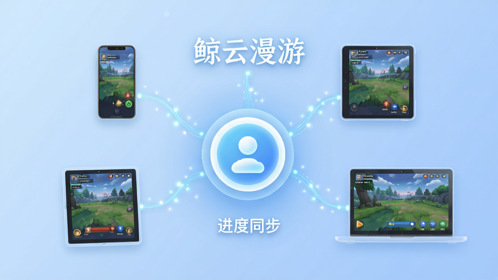 画面中央展示一个发光的圆形账号图标,图标周围延伸出三条分支分别连接手机、平板和笔记本电脑,每个设备屏幕上都显示着同一款游戏的相同关卡画面。图标上方有“鲸云漫游”文字,下方有“进度同步”小字。布局为星形放射构图,背景为柔和的浅蓝色渐变。风格偏向扁平化科技插画,细节上连接线有流动的光点,设备呈半透明悬浮状态。画质清晰,干净,无多余元素。