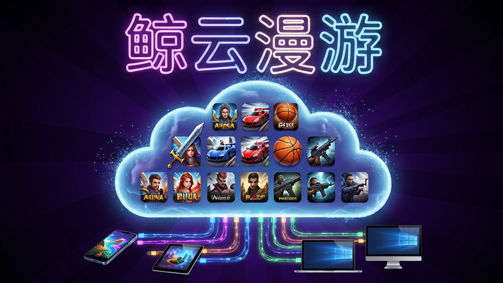 画面主体为一个巨大的发光云朵形状的服务器集群,云朵内部整齐排列着各种游戏封面图标,如剑与魔法、赛车、篮球、射击等元素。云朵下方延伸出多条彩色数据线连接着不同型号的手机、平板和电脑设备。画面正上方有“鲸云漫游”四个大字,字体采用圆润的霓虹灯管风格。布局为居中放射状构图,背景为深紫色到黑色的渐变。风格偏向科幻插画,细节上云朵边缘有粒子飘散效果,数据线有流光流动。画质清晰,干净,无多余元素。