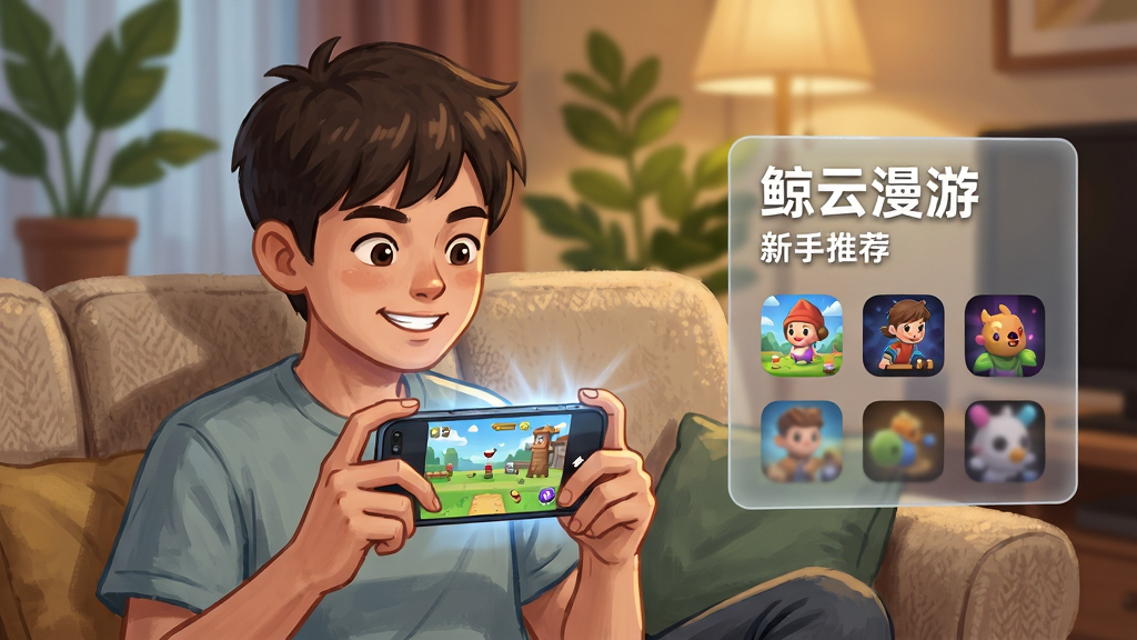 画面主体是一位年轻玩家坐在舒适的沙发上,手持手机正在游玩云游戏,手机屏幕中显示轻松愉快的卡通游戏画面。玩家表情专注且面带微笑。画面右侧有一个半透明的提示框,框内写着“鲸云漫游”和“新手推荐”字样,旁边列出几个游戏类型图标。布局为人物居中偏左,右侧信息框辅助。背景为温馨的居家客厅环境,有绿植和暖色灯光。风格偏向生活化插画,细节上手机屏幕有轻微反光,沙发纹理清晰。画质清晰,干净,无多余元素。