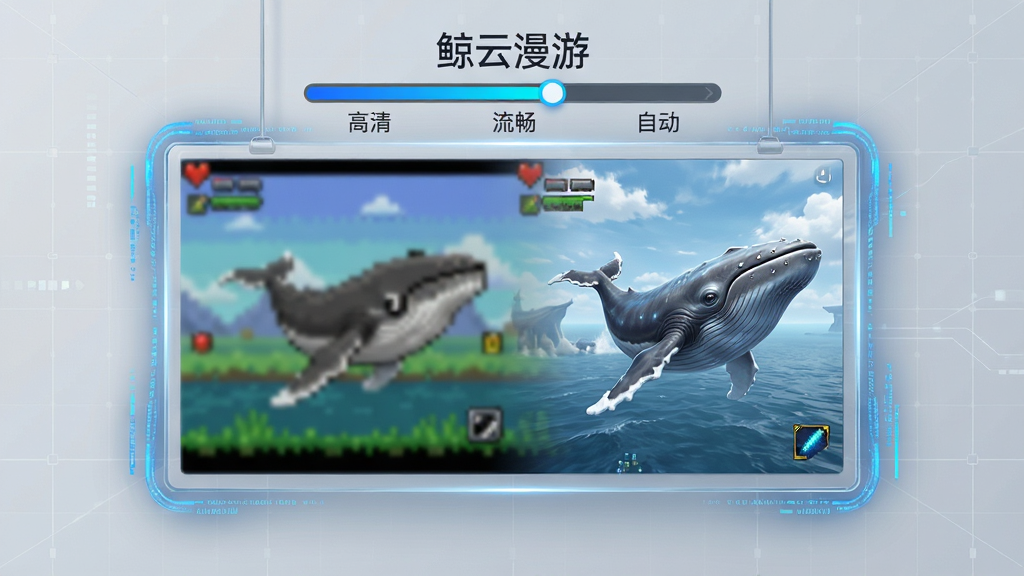 画面中央是一块悬浮的透明显示屏,屏幕中展示着游戏画面从模糊到清晰的渐变过程,左侧为低画质像素风格,右侧为高画质精细风格。屏幕上方有“鲸云漫游”字样和一条动态调节滑块。画面布局为横向三段式,背景为浅灰色科技网格。风格偏向UI展示与信息图,细节上屏幕边缘有蓝色的数据流光环绕,滑块上有“高清”“流畅”“自动”等标识。画质清晰,干净,无多余元素。