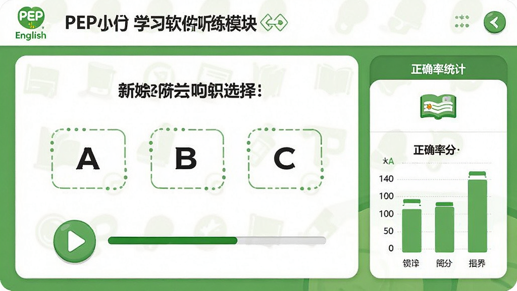 一张展示PEP小学英语学习软件听力训练模块的界面图,画面中央是一道听力选择题,选项A、B、C排列整齐,下方有播放按钮和进度条。界面右侧显示得分和正确率统计图表。整体风格清爽,以绿色和白色为主色调,画质干净,无杂乱元素。