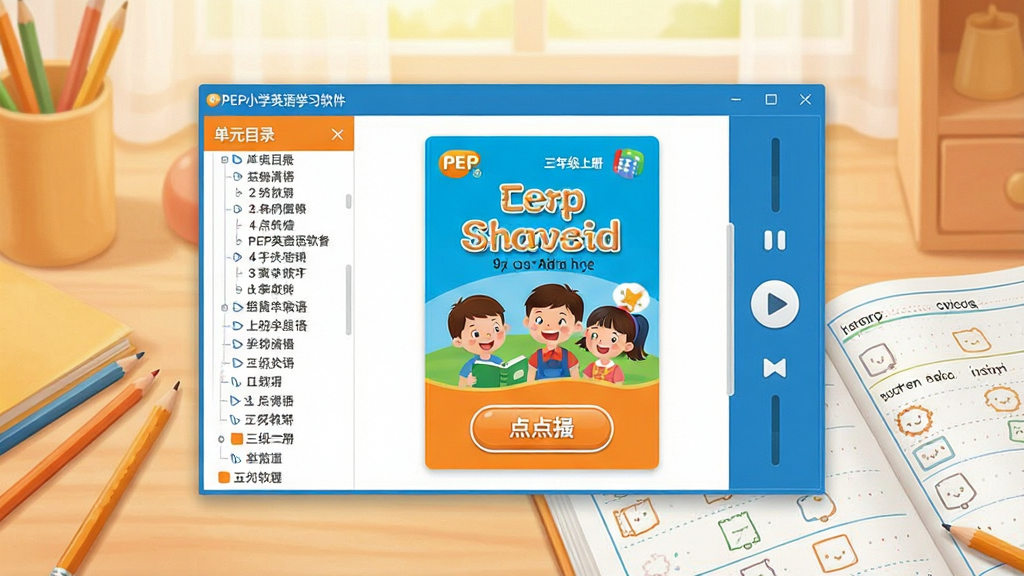 一张展示PEP小学英语学习软件主界面的预览图,画面中央是软件窗口,窗口内显示三年级上册英语课本封面和点读按钮,窗口左侧有单元目录树,右侧有播放控制条。背景是温馨的书桌场景,桌上有铅笔和英语练习本。整体风格清新明快,色彩以蓝色和橙色为主,画质清晰,干净整洁,无多余元素,图片中文字包含“PEP小学英语学习软件”。