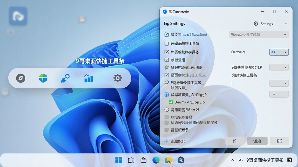 一张“9哥桌面快捷工具条”在Windows 11系统下的运行截图,主体是工具条停靠在屏幕左侧,旁边有设置窗口打开,布局为双窗口并排,排版展示软件与系统的兼容性,风格为真实屏幕截图风,细节包括Windows 11圆角窗口、工具条的半透明效果、设置面板中的选项文字清晰可见,画质为1080P清晰,干净,无多余元素