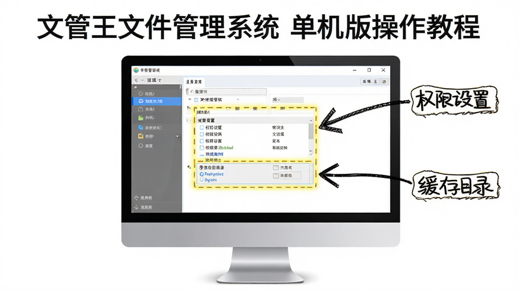 文管王文件管理系统 单机版操作教程示意图,画面展示电脑屏幕上软件设置界面,旁边有手绘风格的箭头指向“权限设置”和“缓存目录”选项。布局为居中构图,风格为教程图解风,细节包括高亮选框、文字标注,画质为高清,干净无多余元素。