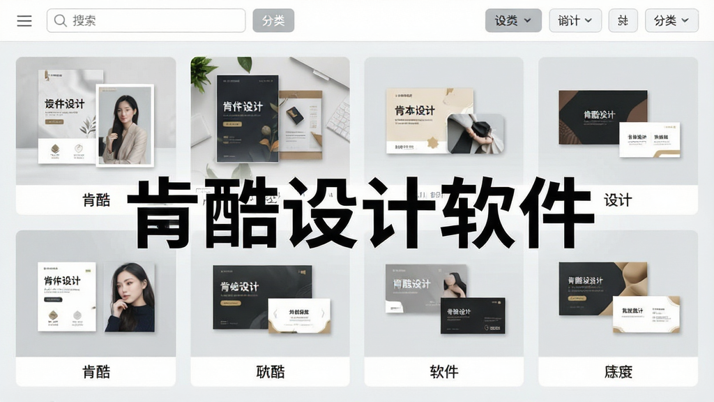 一张展示肯酷设计软件模板库界面的截图,画面中整齐排列着多张不同风格的海报与名片模板缩略图,每张模板下方标注分类标签,界面顶部有搜索框和分类筛选按钮,整体布局清晰有序,配色以浅灰与白色为主,画面中醒目显示“肯酷设计软件”字样,画质清晰,无杂乱元素,适合作为功能介绍配图