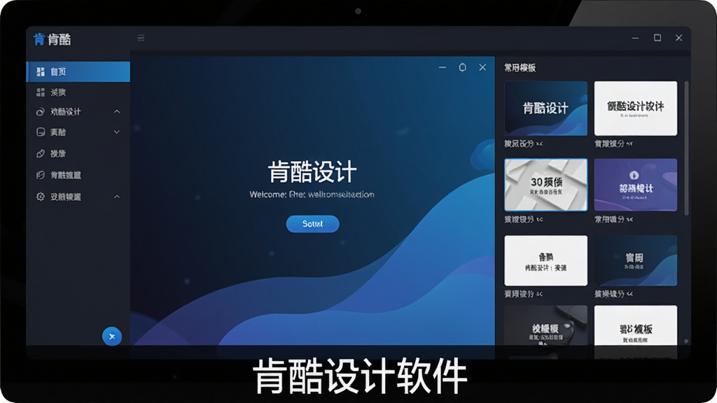 一张展示肯酷设计软件主界面的电脑屏幕截图,画面中央是软件启动后的欢迎页面,左侧为功能导航栏,右侧为常用模板推荐区域,界面采用深色与蓝色渐变配色,整体风格简洁现代,屏幕下方显示软件名称“肯酷设计软件”,画面清晰干净,无多余元素,4K画质,适合作为软件预览图展示