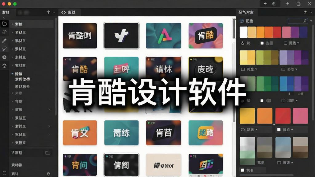一张展示肯酷设计软件素材库与配色面板的截图,画面左侧为素材分类列表,中间为素材缩略图网格,右侧为配色方案展示区域,包含多组色块组合,界面色彩丰富但排列有序,画面中带有“肯酷设计软件”文字标识,画质清晰干净,适合作为软件素材功能配图