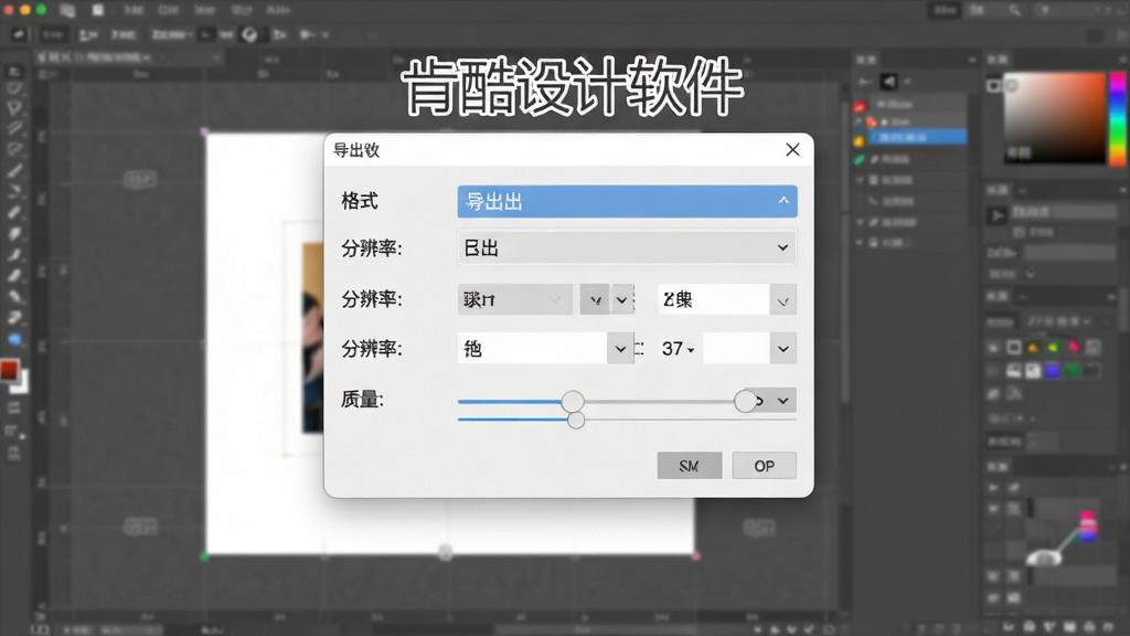 一张展示肯酷设计软件导出设置面板的截图,画面中弹出导出对话框,包含格式选择下拉菜单、分辨率设置、质量调节滑块等选项,背景为设计作品预览图,界面简洁直观,画面中带有“肯酷设计软件”字样,画质清晰,无多余元素,适合作为导出功能展示图