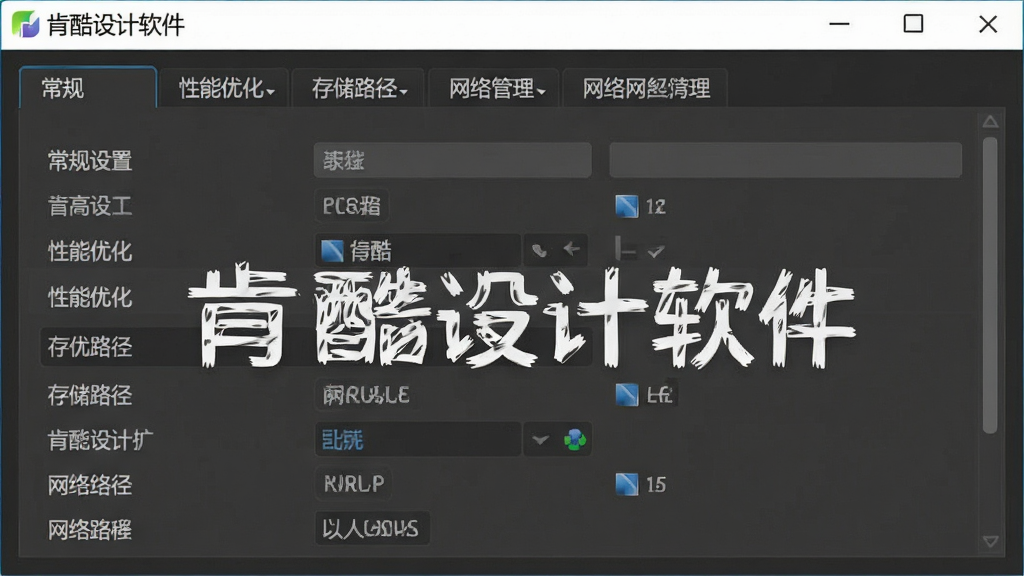 一张展示肯酷设计软件设置界面的截图,画面中包含常规设置、性能优化、存储路径、网络管理等选项卡,界面布局清晰,选项文字可辨识,整体风格简洁专业,画面中带有“肯酷设计软件”标识,画质清晰干净,无多余元素,适合作为软件设置教程配图